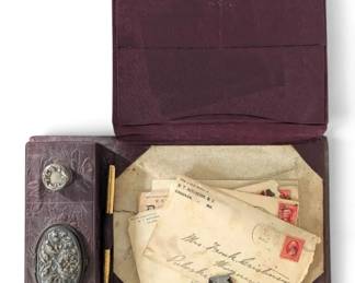 Antique Embossed Leather Writing Folio w Late1800s Letters Notes