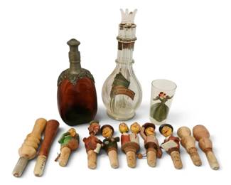 Vintage FourChamber Liquer Bottle, Carved Wooden Bottle Stoppers, More Barware