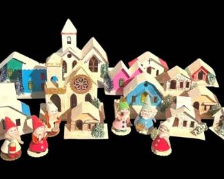 Shiny Brite Christmas Dwarves w Original Box Putz Christmas Village Houses