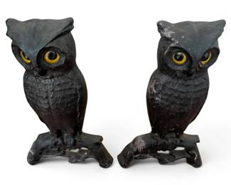 Pair of Cast Iron Owl Fireplace Andirons