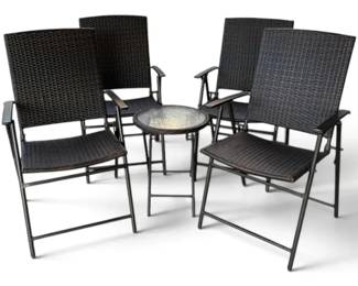 Four Brown Rattan Folding Chairs And Side Table