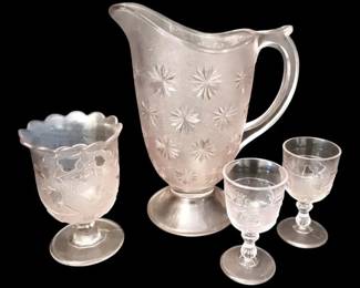 Manganese Glass Pitcher, Glasses, Spooner