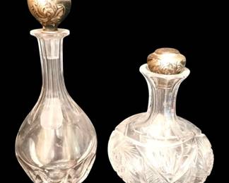 Two Cut Glass Decanters w Sterling Silver Stoppers