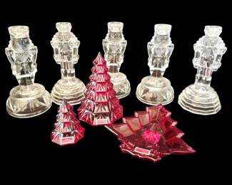 Marquis by Waterford Red Glass Trees, Candy Dish, Clear Glass Nutcracker Candleholders