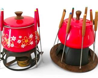 1970s Enamel Wooden Fondue Pots