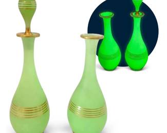 Uranium Frosted Opaline Glass Perfume Bottles w Gold Bands