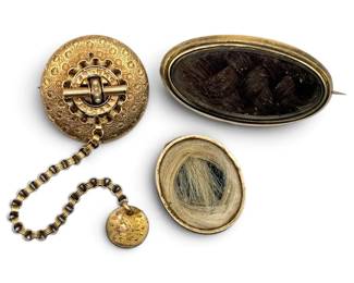 Antique Victorian Mourning Hair Brooches Gold Brooch w Chain