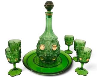 EAPG Bullseye Daisy Green Glass Decanter w 5 Shot Glasses Tray Broken