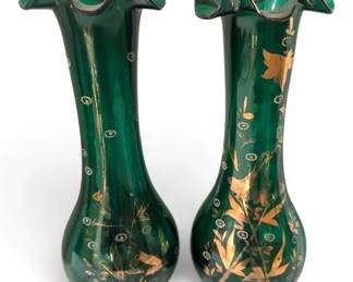 Pair of Bohemian Emerald Green Blown Glass Vases w Gold Detailing