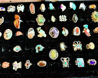 OVER 41 RINGS, STERLING, CORAL, TUQUOISE, MOP, INLAY.