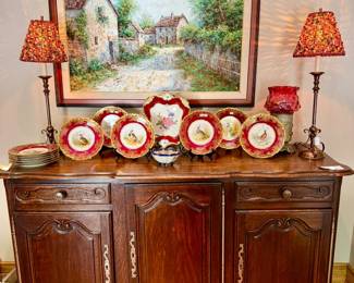 FRENCH BUFFET WITH T&V LIMOGES HAND PAINTED BIRD PLATES GIVEN BY AMON CARTER TO ONE OF HIS SECRETARIES.