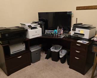 Computer desk, computer, and printers