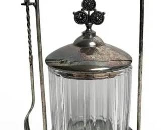 Vintage Silverplate & Glass Pickle Castor Jar w/ Tongs Fork Insert Liner Victorian Style Decor