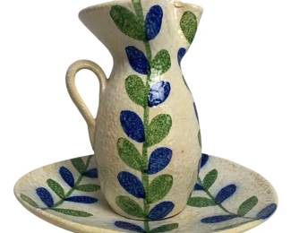 Handmade Spanish Pottery Pitcher & Plate Set Blue Green Leaf Design Hand Painted Ceramic