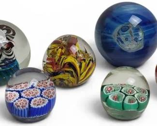 Vintage Art Glass Paperweights Lot of 6 Hand Blown Millefiori Swirl & Figural Collectible Set