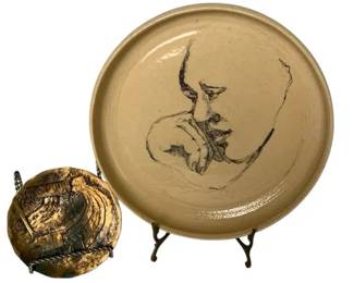 2 Vintage Art Plates – Signed Ceramic Portrait Plate & Handmade Bronze Metal Relief, Decorative Pair