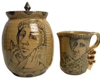 Edward & Mary Lou Higgins 1976 Signed Art Pottery Lidded Jar & Mug Portrait Folk Art Set