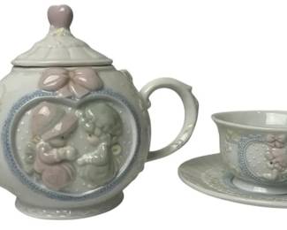 Precious Moments Teapot, Cup & Saucer Set – 1993 Enesco Floral Cherub Tea Set