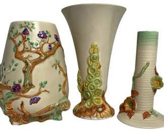 Lot of 3 Vintage Art Pottery Relief Floral Ceramic Vases Decorative Mantel Display Set