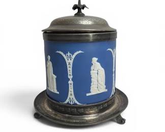 Vintage Wedgwood Jasperware Blue Biscuit Jar w/ Pewter Lid & Stand Classical Relief England