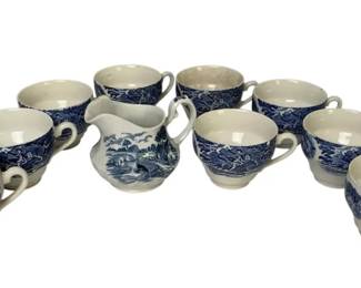 9 Bluebrook Staffordshire Cups & Creamer – Vintage Blue & White Transferware England