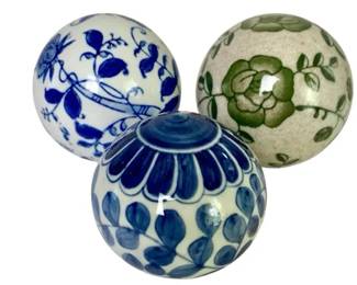 3 Decorative Ceramic Balls – Blue & White Floral + Green Botanical Patterns, Vintage Accent Decor