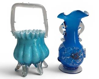 Vintage Art Glass Vase & Basket Lot Hand Blown Blue Opalescent Decorative Glass Pair Collectibles