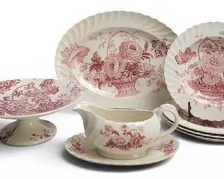 Royal Staffordshire Red Transferware Platter, Gravy Boat w/ Attached Under Plate, 4 Bowls, Cakestand