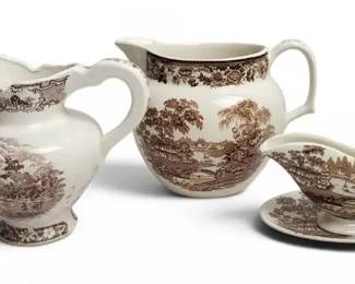 Vintage Brown Transferware Creamer Sugar Bowl Gravy Boat Underplate Lot of 4 Serving Pieces