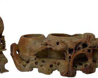2 Carved Soapstone Decorative Pieces – Intricate Hand-Carved Vessels & Ornamental Sculpture