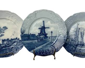 2 Vintage Delft Blue Plates – Dutch Windmill & Harbor Scenes, Scalloped Floral Relief