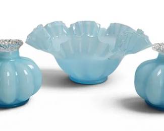 Vintage Blue Art Glass Bowl & Bud Vases 3 Pc Set Ruffled Bowl Decorative Display Collectibles