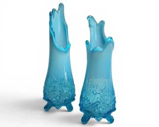 Pair Sowerby Piasa Bird Blue Opalescent Art Glass Vases – Footed Vintage English Style