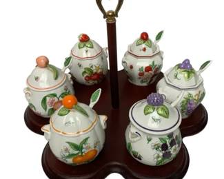 6 Lenox Fruit Jam Jars – Fine Porcelain Blackberry, Raspberry, Strawberry & More w/ Display Tray
