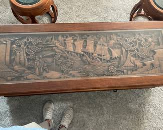    Asian Hand carved wood Glass top Coffee Table Matching end Tables &  