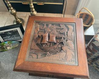    Asian Hand carved wood Glass top Coffee Table Matching end Tables 