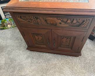    Asian Hand carved wood Glass top Coffee Table Matching end Tables 