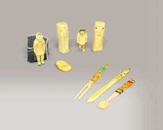 192 8PcCarvedBoneFigurinesUtensilsPaintedFolkArt