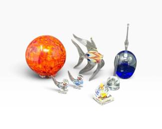 166 7PcHandblownArtGlassCollectionFishBirdsOrbFigurines