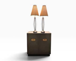 129 MetalTableLampswBurlapShadesBlack2DoorWoodCabinet