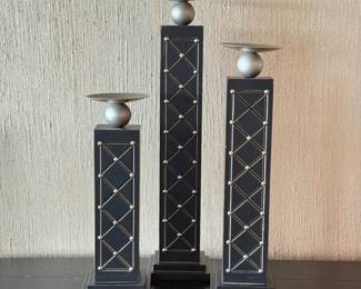 94 Setof3BlackWoodMetalPillarCandleHolders