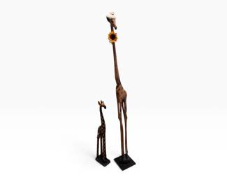 121 PairTallCarvedWoodGiraffesPaintedWoodBurnedStyle