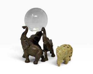 100 BrassElephantTriowGlassOrbCarvedStoneElephantFigurine