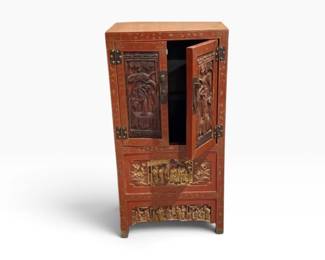 78 VintageChineseHandCarvedWoodCabinetwFiguralPanels