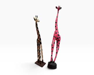 117 PairTallHandPaintedWoodGiraffeSculpturesonBases