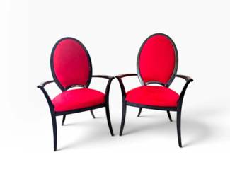 84 PairRedUpholsteredBlackWoodOvalBackCaptainsArmchairs