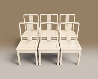 130 6WhiteWoodDiningChairswMedallionBacksCushions