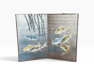 167 TwoPanelKoiFishFoldingWoodScreenMadeinHongKong