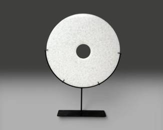 26 WhiteJadeStyleStoneDiscSculptureonWroughtIronStand