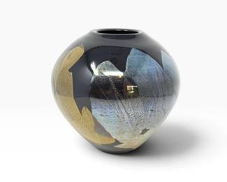 50 DanBergsmaSignedHandblownArtGlassVaseBlackGoldBlue
